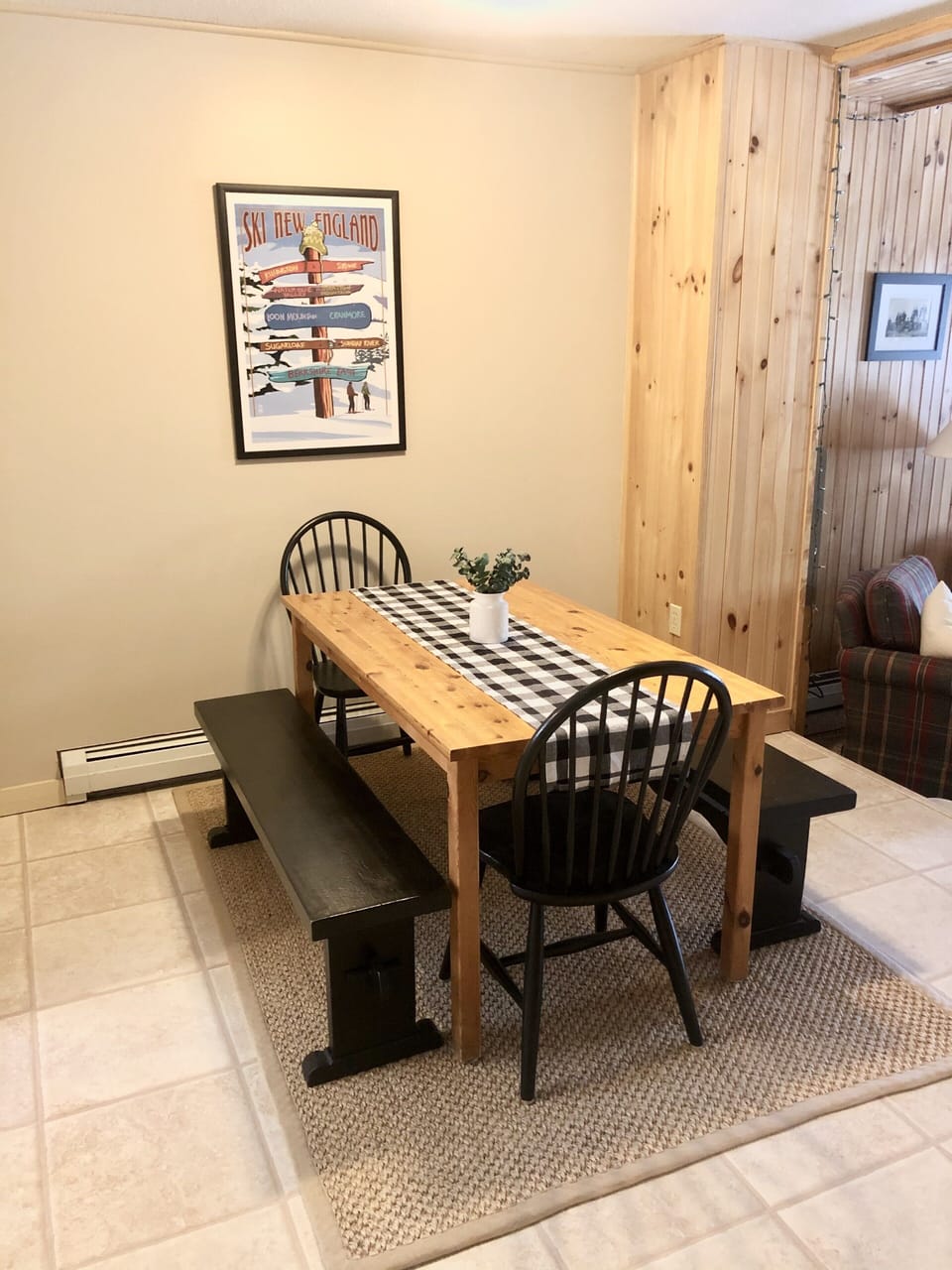 Dining area with bench seating for flexibility. 