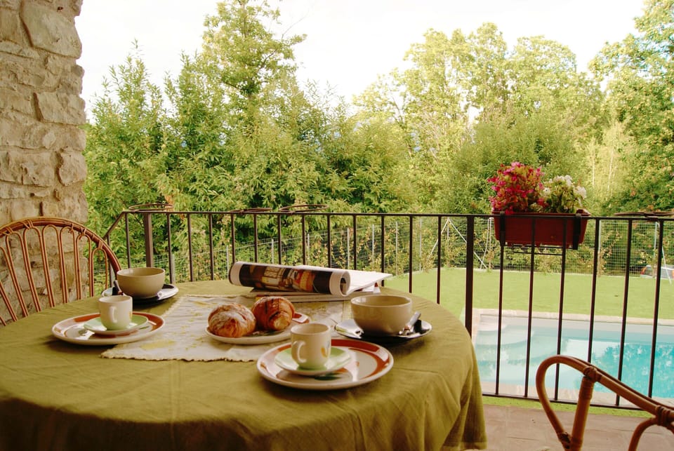 Patio looking on to the garden and pool 