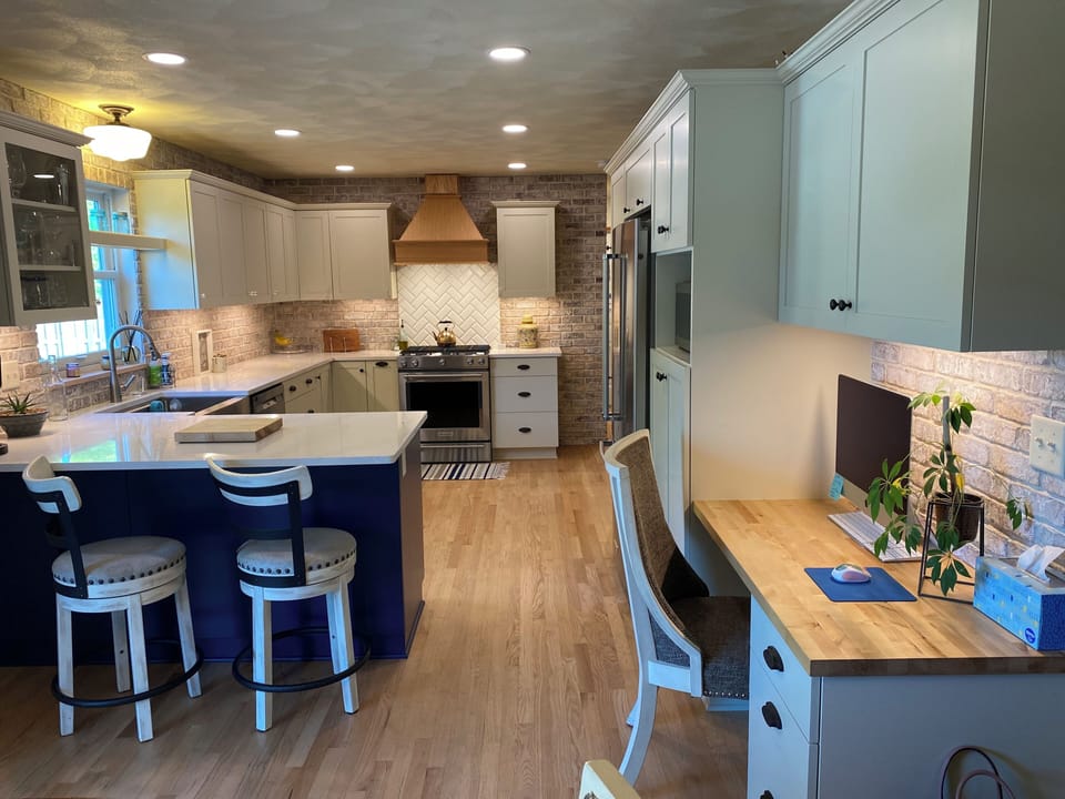 Kitchen with island bar and desk