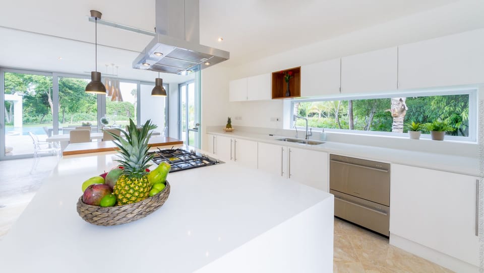 Large island with cook top and hood vent