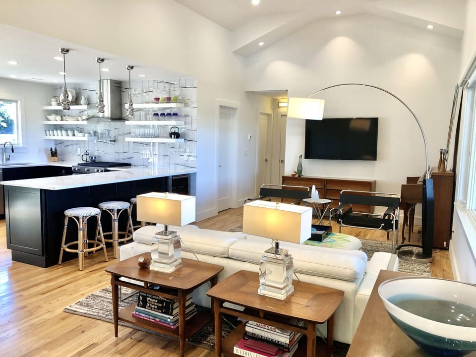 Open Floor Plan Island with Seating & Wine Fridg to Living Room with Farm Views