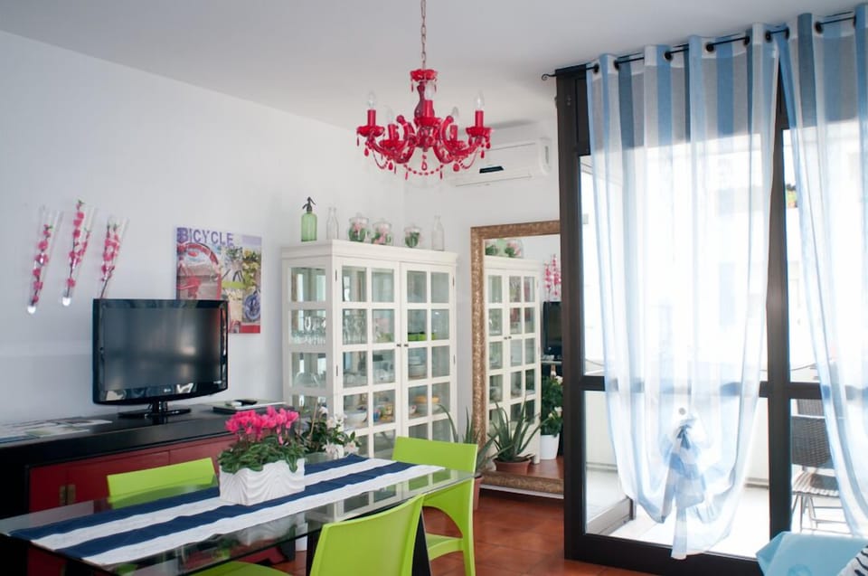 Bright living room with kitchen and sofa bed