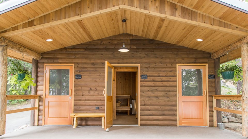 onsite Sauna building with two cedar saunas.