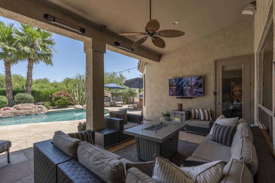 Best space in the house! Fire pit, TV and heaters for chilly evenings!
