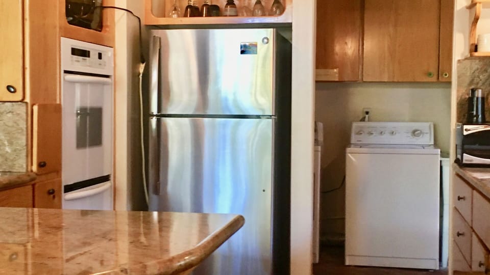Close up of kitchen with double oven, steel fridge and washer/dryer room in back