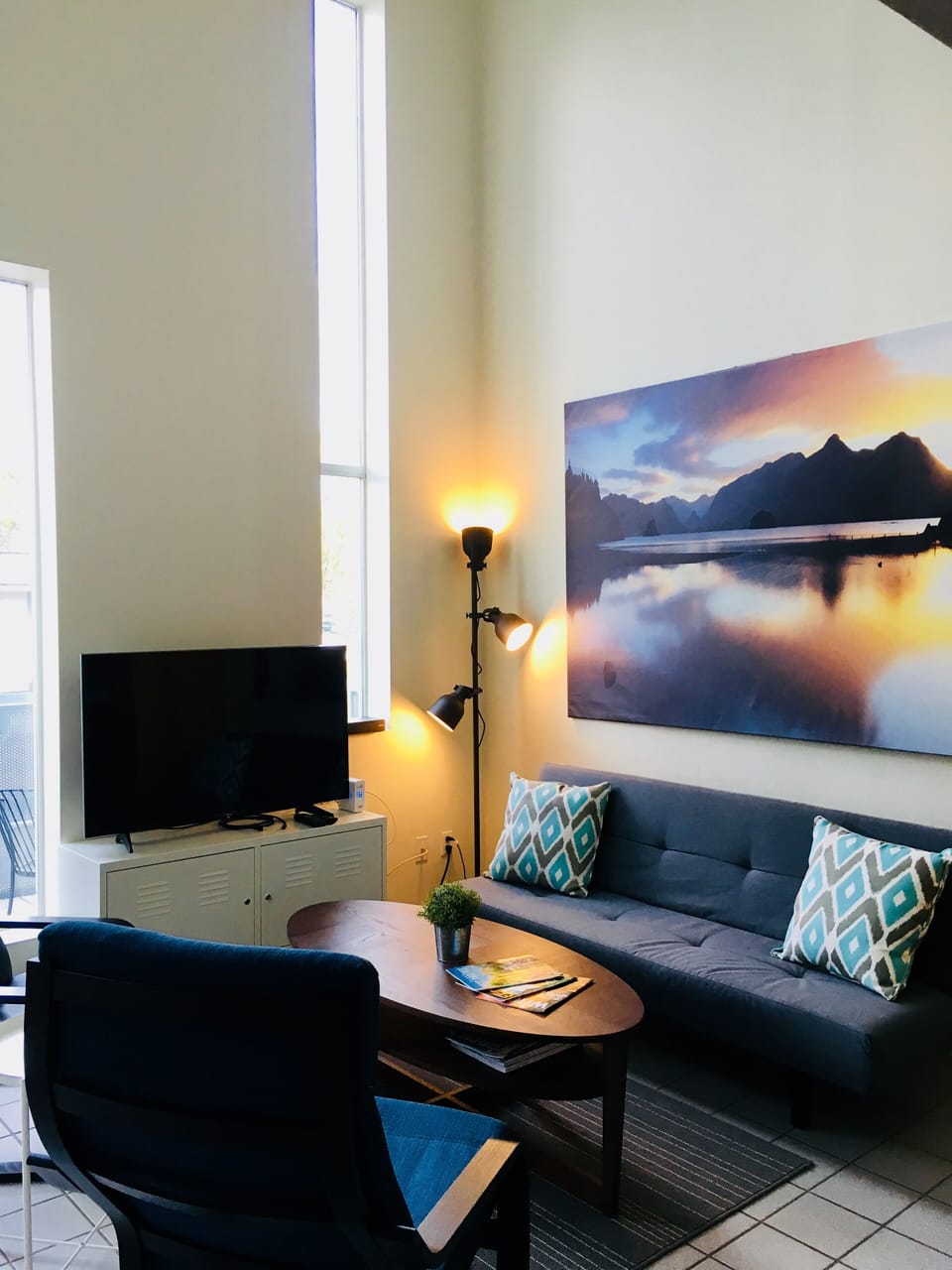 Modern spacious living to unwind in. Sleep futon folds down easily.