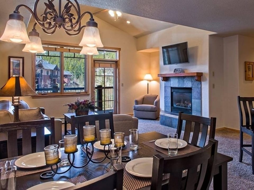 Dining table and living area.