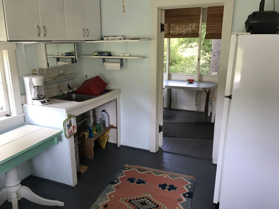 The river cabin kitchen looking onto the porch