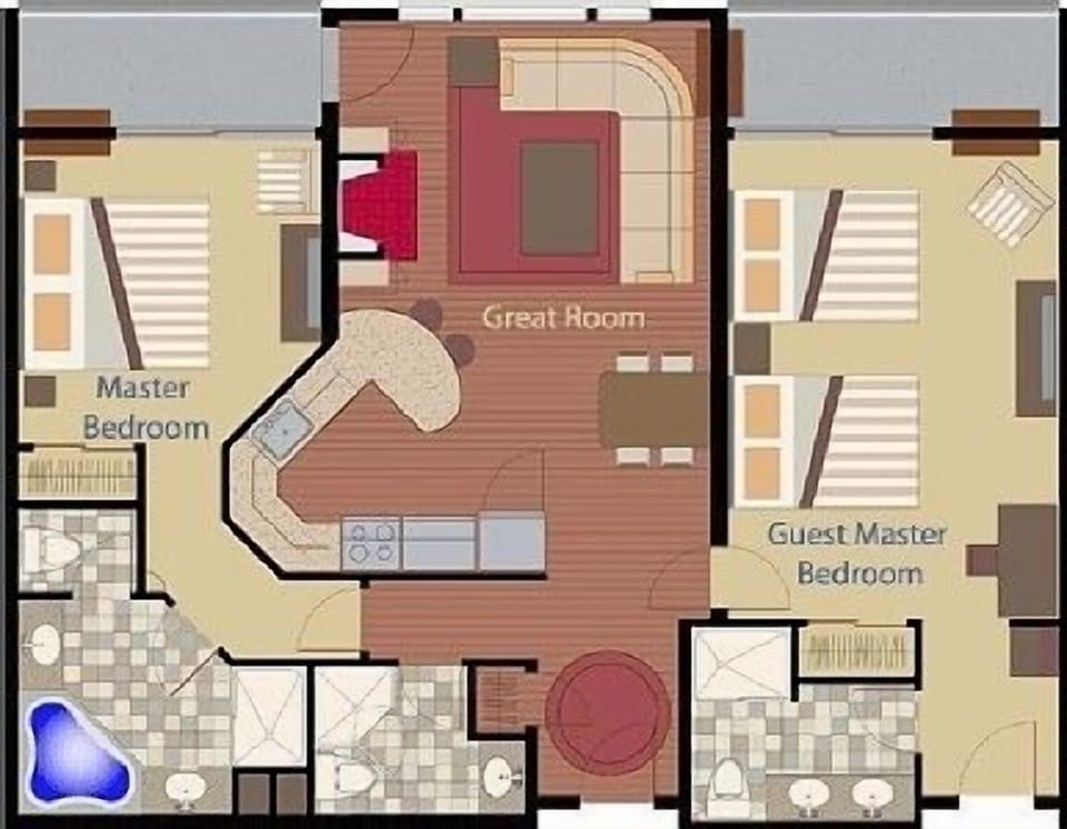 Two bedroom three bathroom floor plan.
