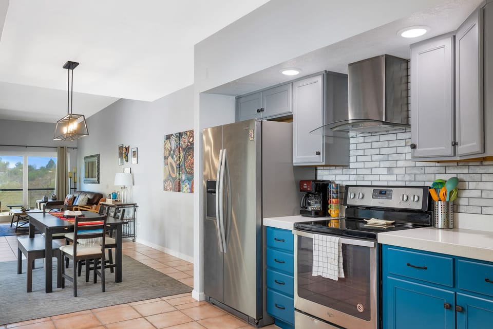 Kitchen view into dining/living room.