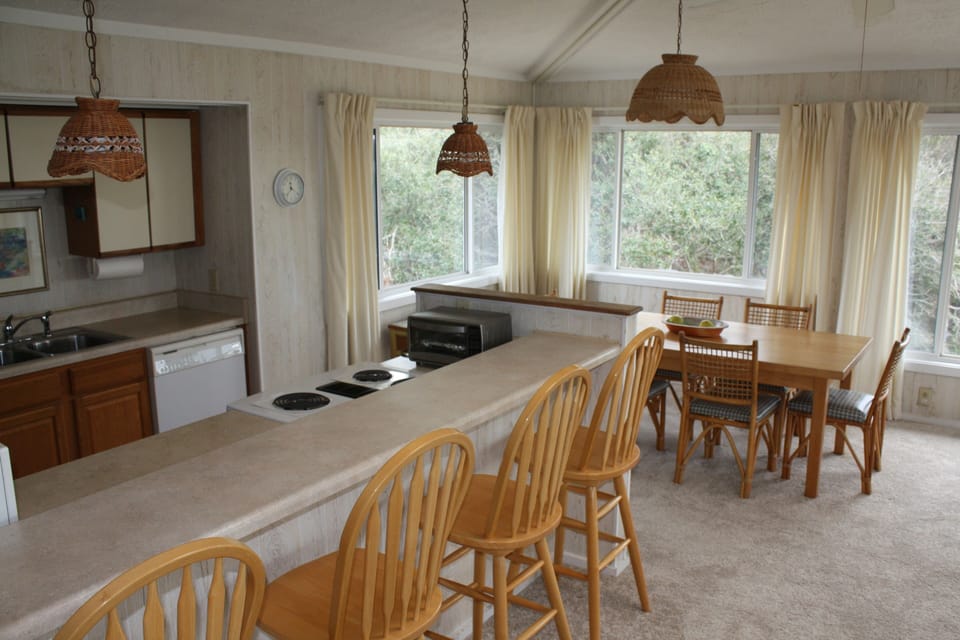 Galley kitchen is well-equipped for cooks