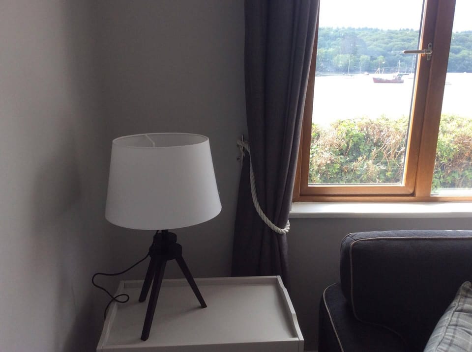 the sitting room features contemporary furnishings with harbour views 
