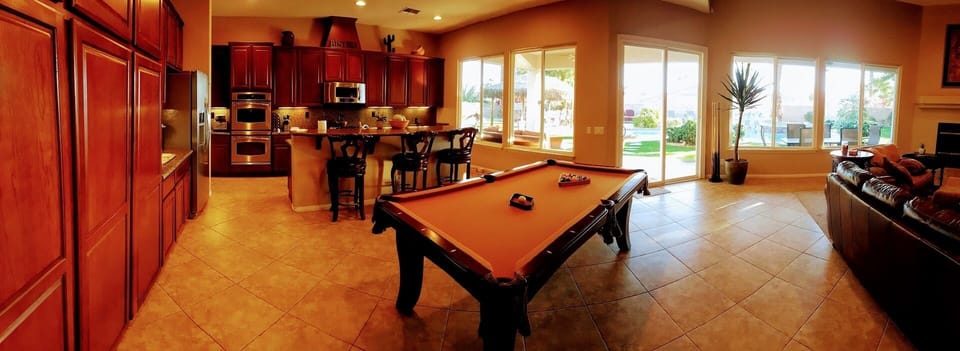 Great room, with slate pool table.