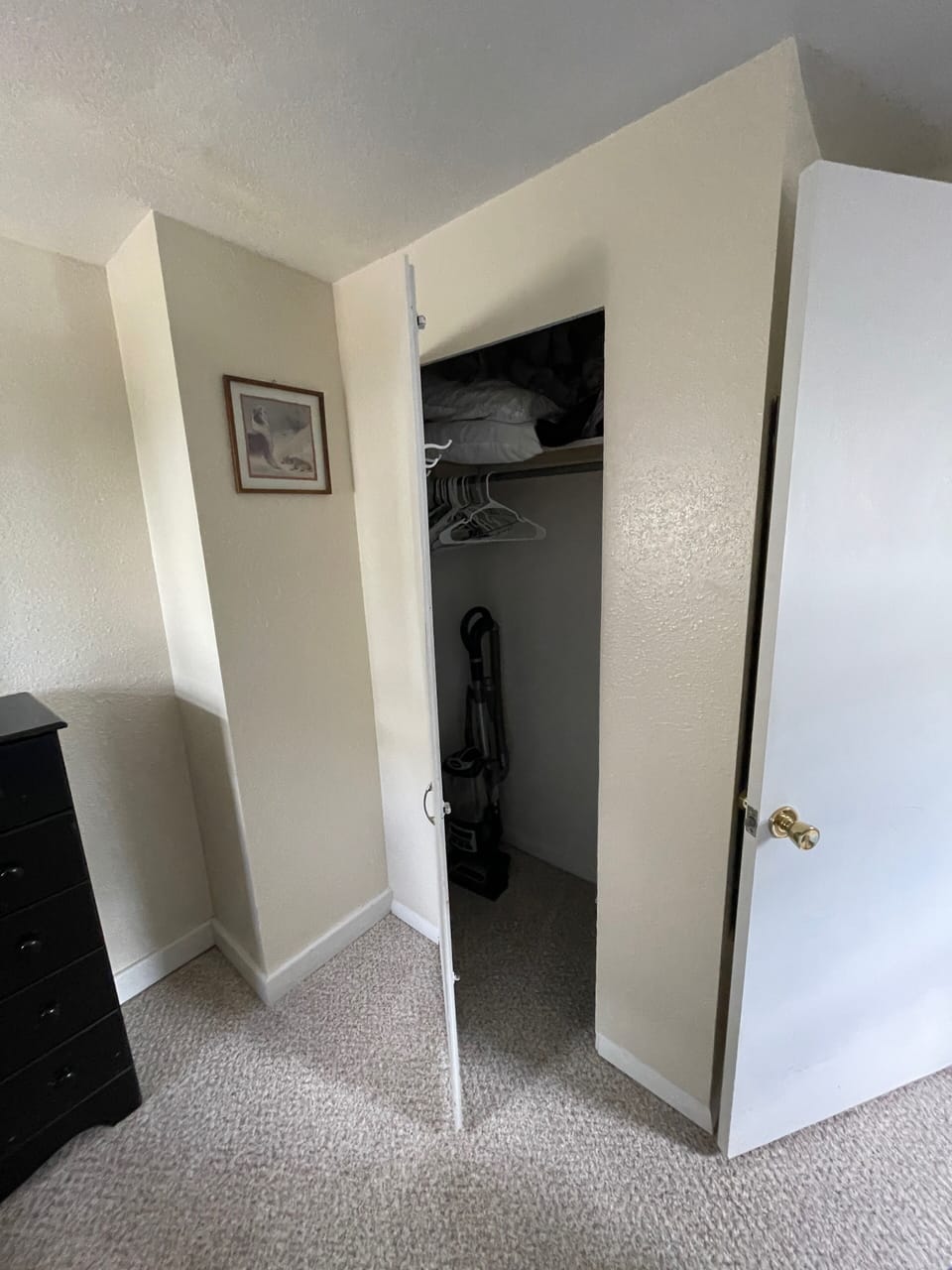 Closet with hangers, extra bedding and pillows, laundry basket, vacuum