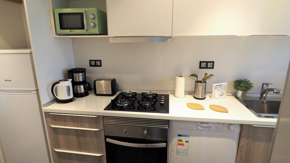 fridge, microwave, kettle, coffee machine, toaster, oven, dish washer.