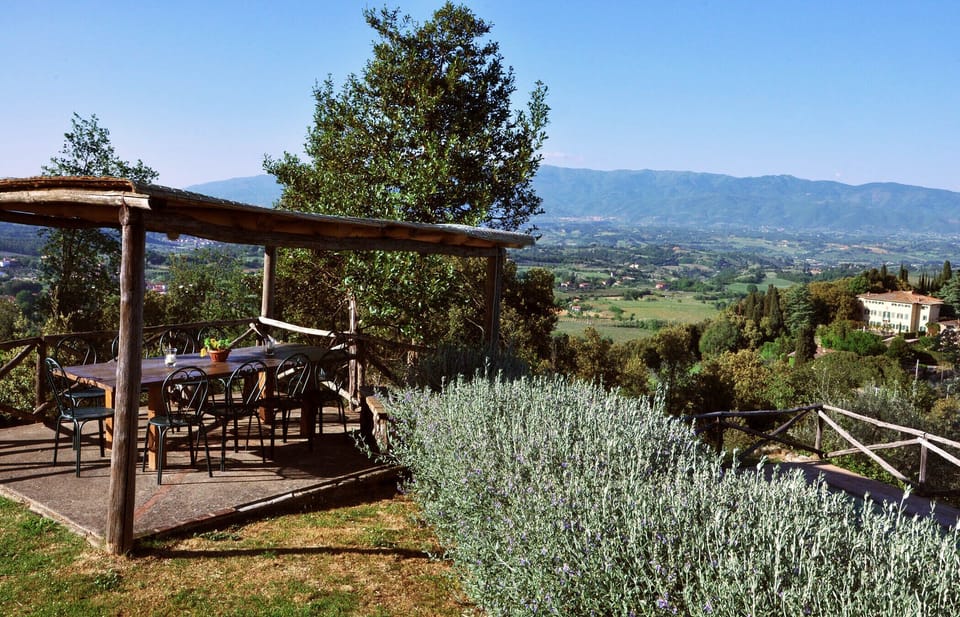 Pergola over the terrace. View of Villa Petrolo and winery