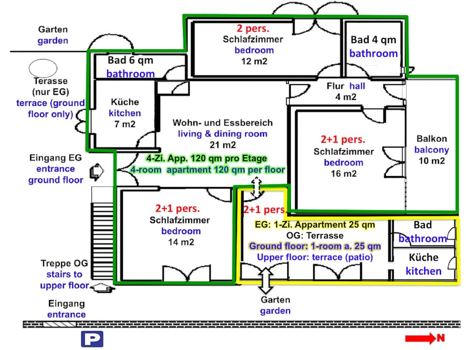 Floor plan ground/upper floor (green) and 1-room studio apartment (yellow)