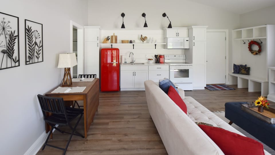 Dining table expands to seat 8 if needed. Extra chairs on request.