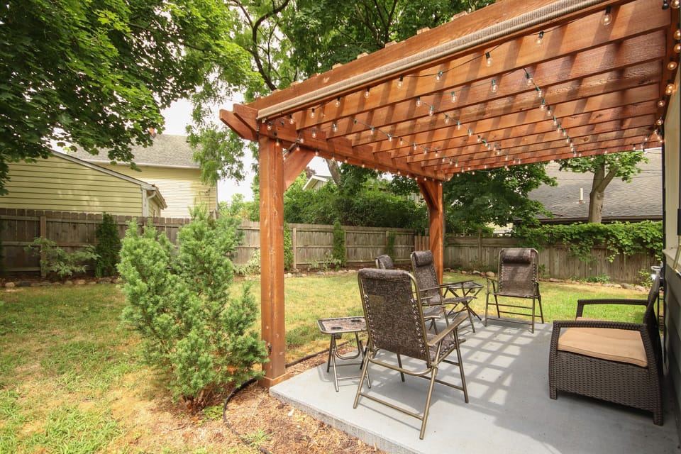 Shaded patio with new patio furniture