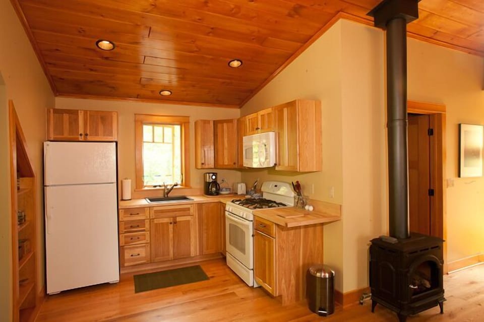 Fully furnished kitchen with stove and microwave, modern appliances. Wooded view