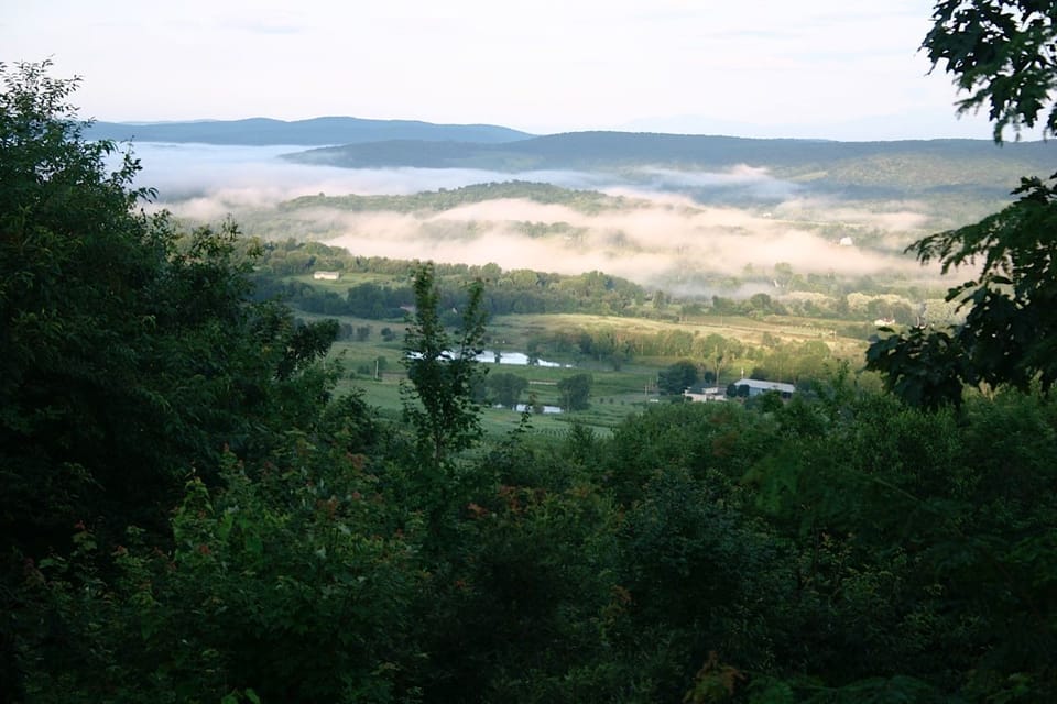 Early morning view of the valley and mountains, as seen from deck
