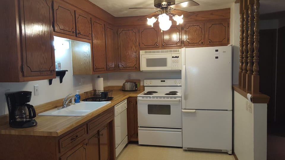 Kitchen with fan/lights, frige, elec range microwave, dishwasher, coffee pot. 