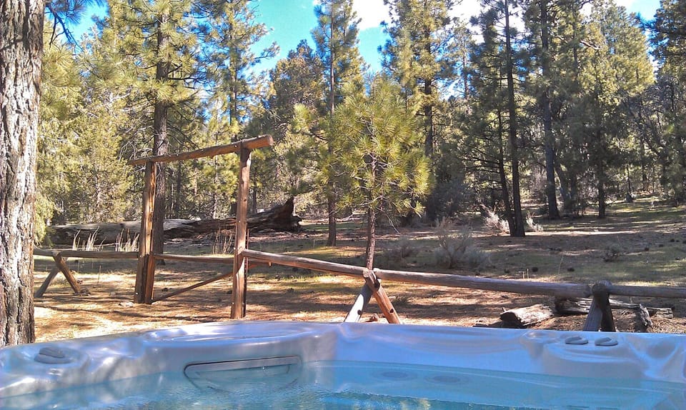 Large, year-round hot tub offers flawless views of forest and sky.