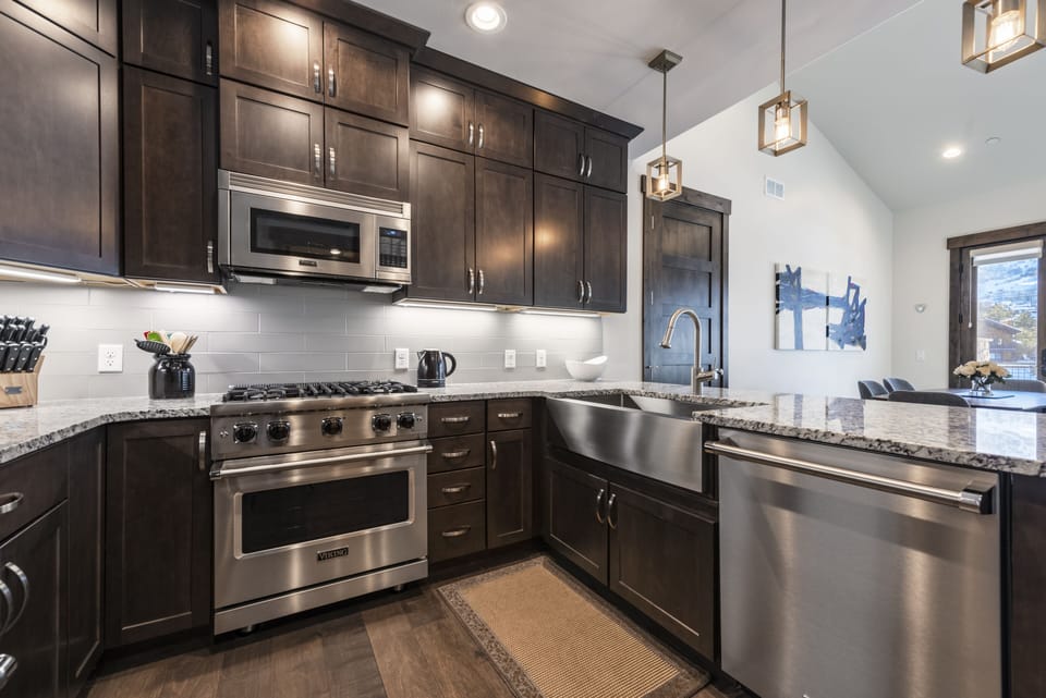 Gourmet chef's kitchen with Viking appliances and cookware