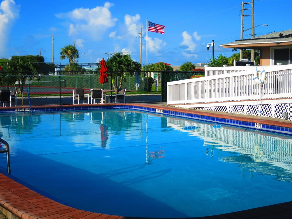 The complex has great amenities including a solar-heated swimming pool.