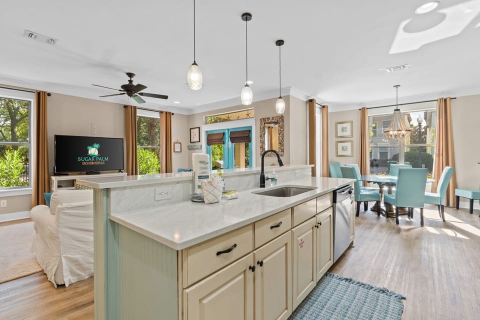 Open layout makes it easy to join the conversation in the living/dining rooms while preparing meals.