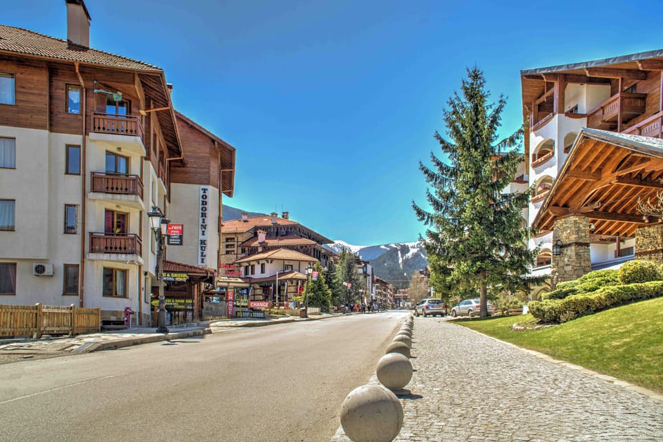 Facade of Todorini Kuli when driving up Pirin Street. Kempinski hotel on right.