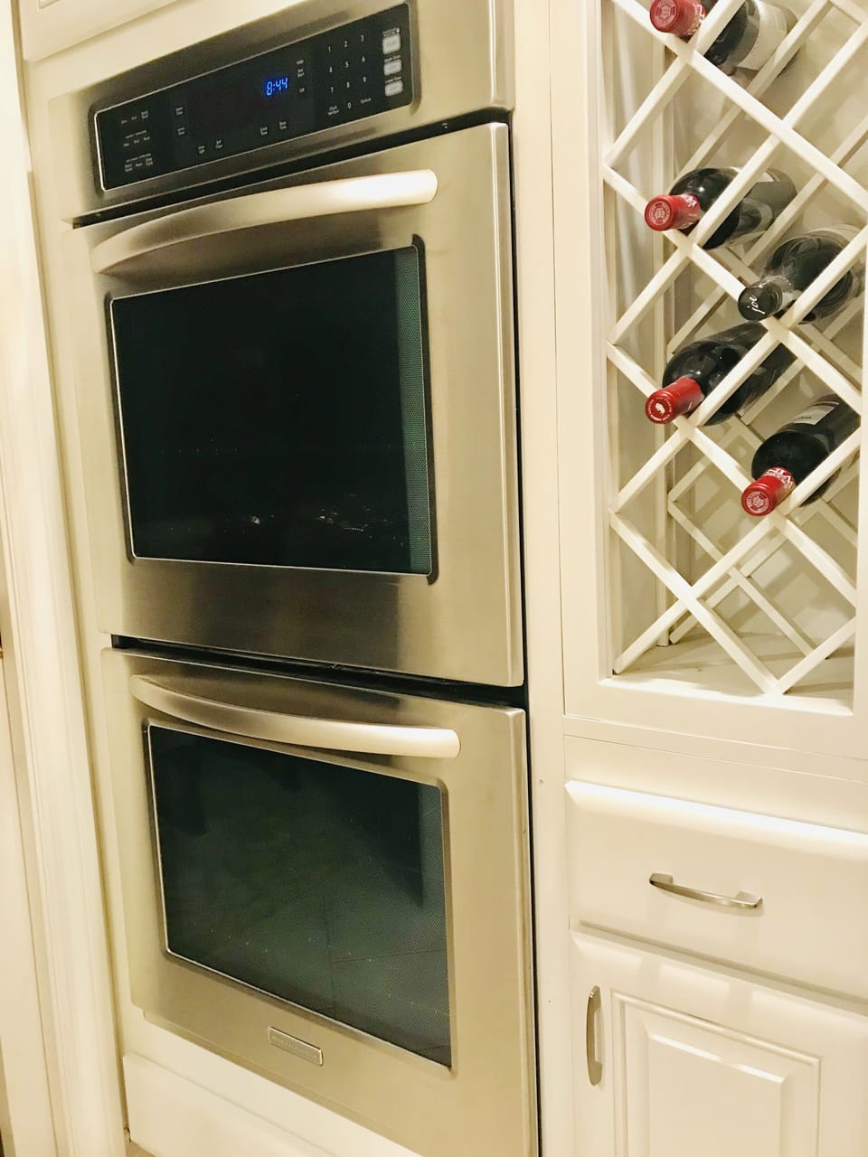 Stainless steel KitchenAid dual ovens. 