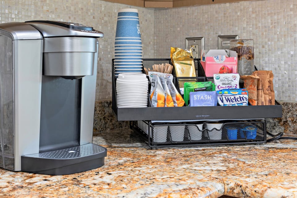 Coffee station with the choice of organic light or dark roast extra bold