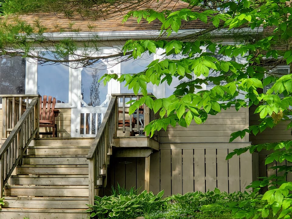 Cottage view close up. Master Bedroom window is shown slightly on right side. 