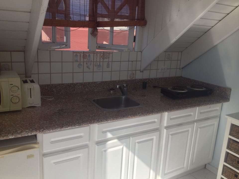 Kitchenette with toaster, electric burner, microwave, mini-fridge & silverware.