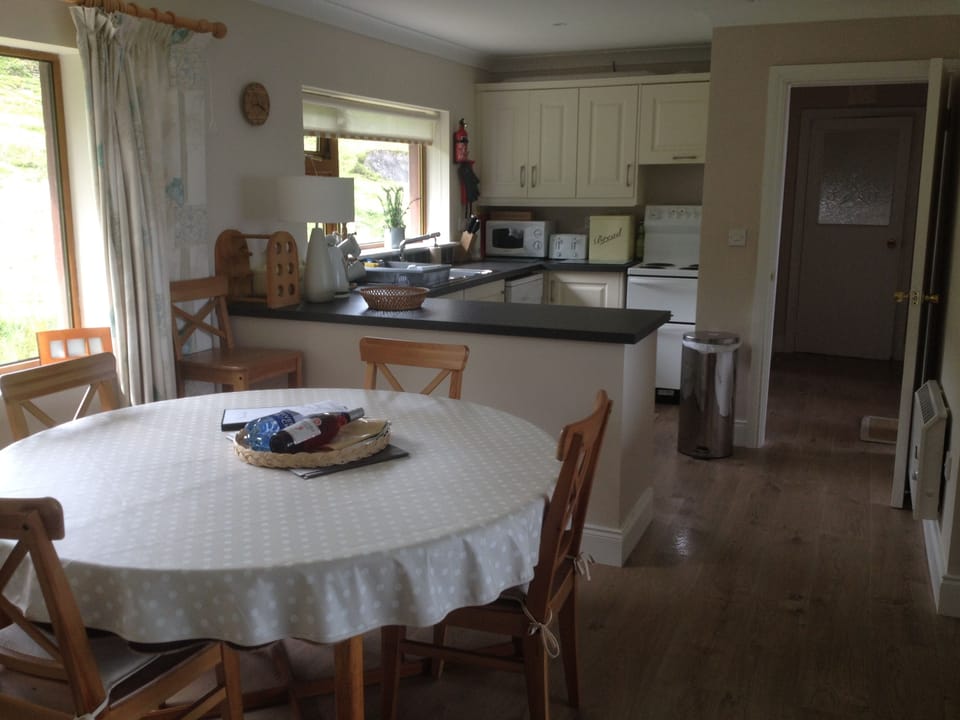 Open plan kitchen, dining and living area.