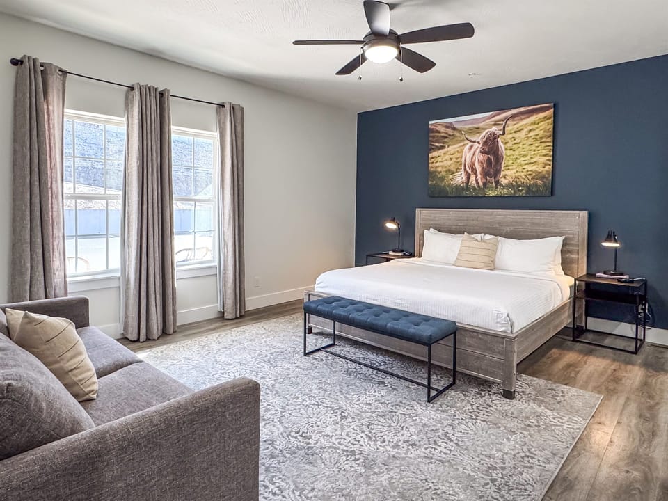 Bedroom 1 (main level, accessible): King bed + Queen sleeper