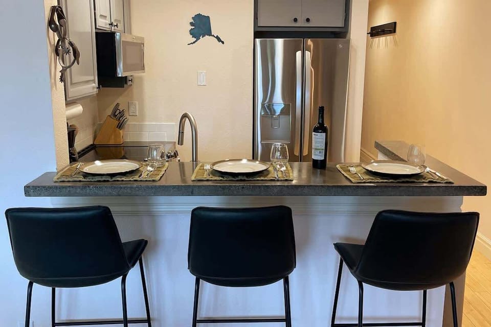 3 high top barstools. Great kitchen for  entertaining post skiing or summer adventures. 