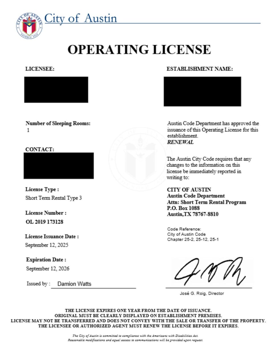 STR License for the City of Austin