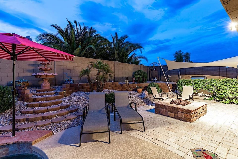 Chaise lounges and a fire pit