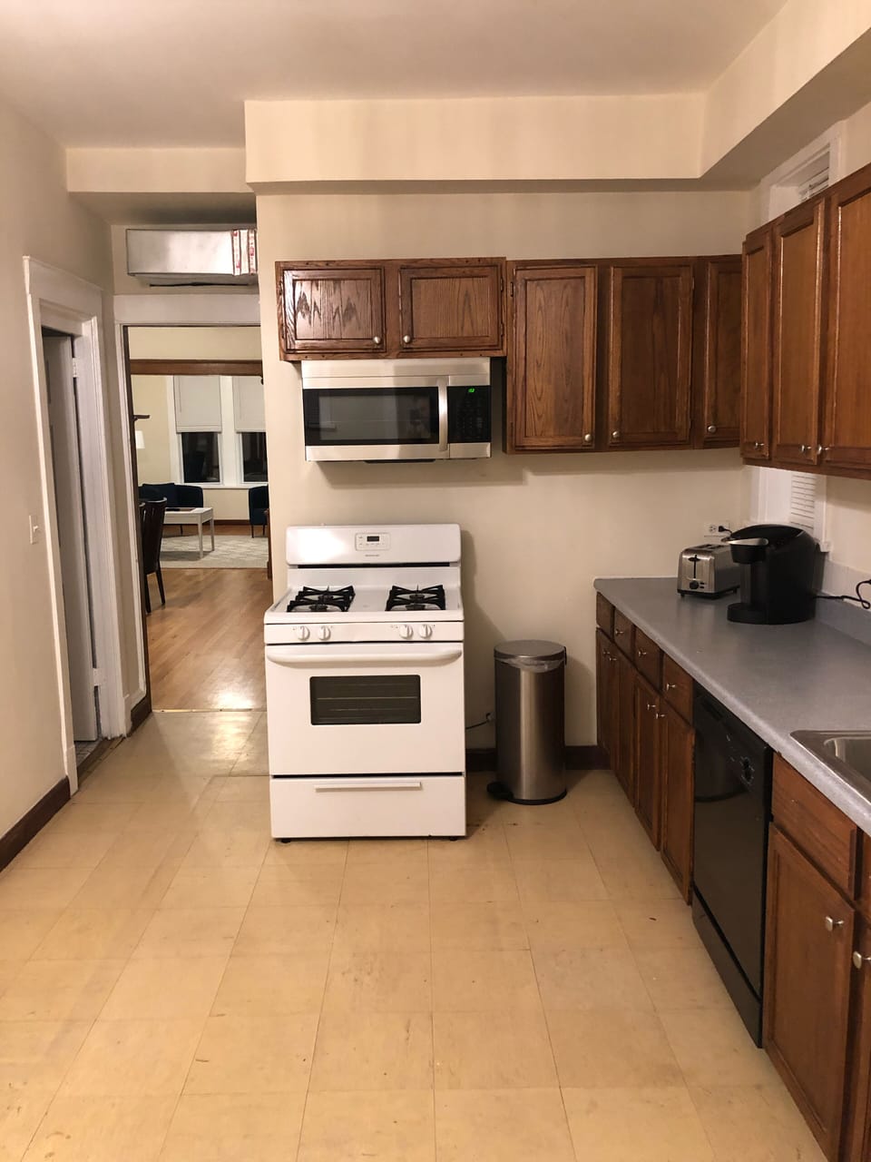 Kitchen with all the essentials and a keurig coffee maker!
