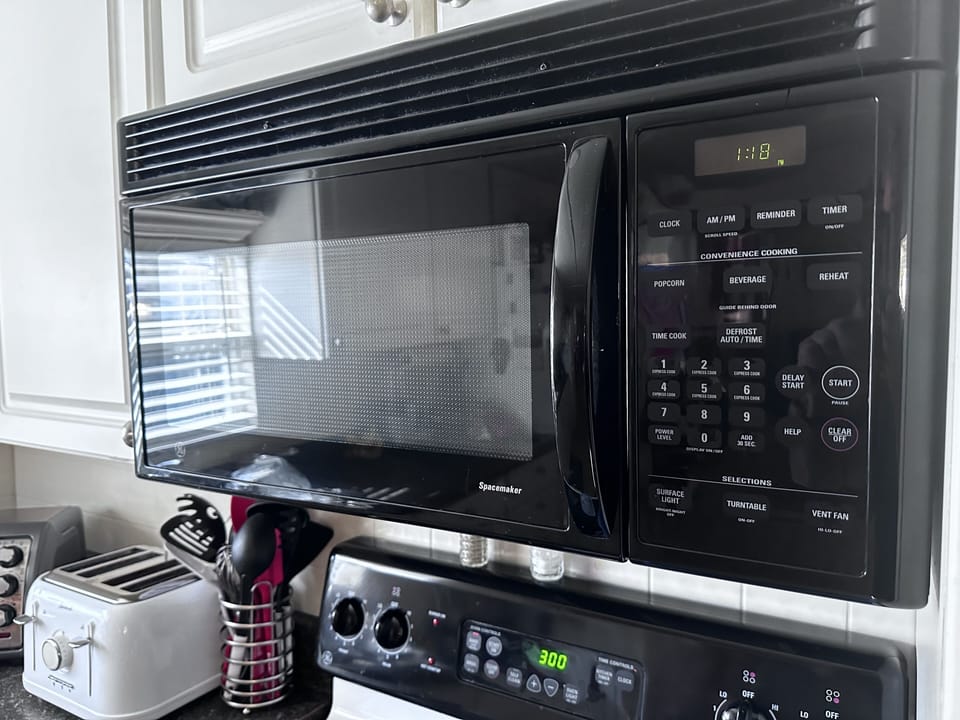 Built-in microwave with hood fan/light for a quick reheats.