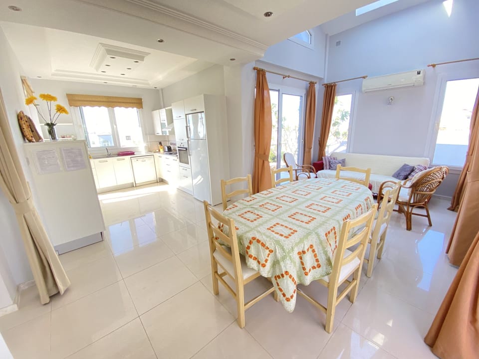 Full kitchen, dining area and a sofa bed