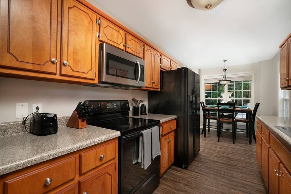 Fully stocked kitchen. Make home-cooked meals and save lots of money not eating out every day. 
