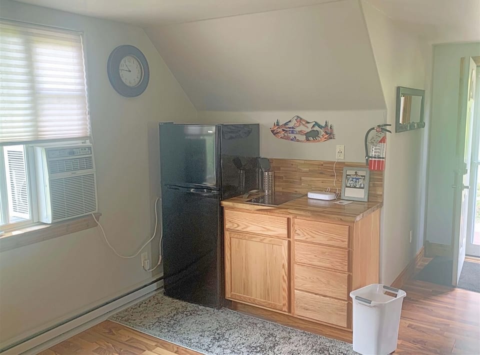 Kitchen area with coffee pot, fridge, hot plate, and microwave