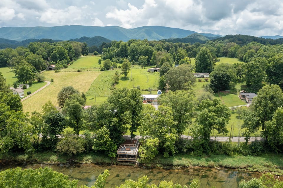 Aerial view of our dock and lodge