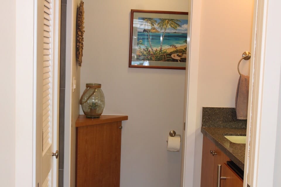 Bathroom area and linen closet full of towels, beach towels and a hair dryer.