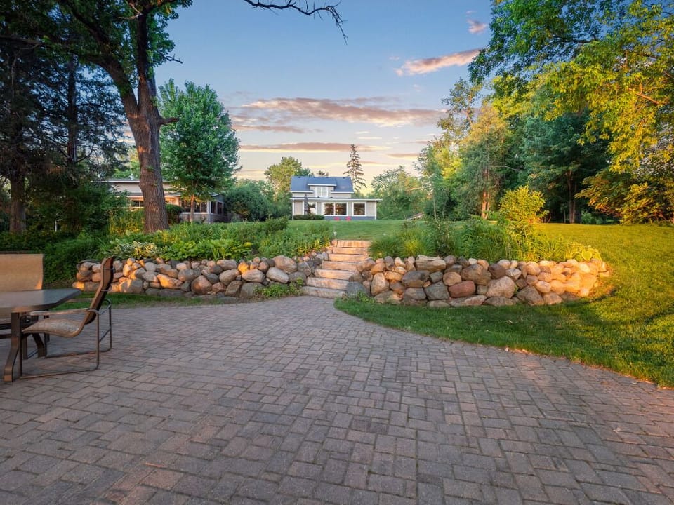 Patio down by the lake. Has a fire pit for bon fires.