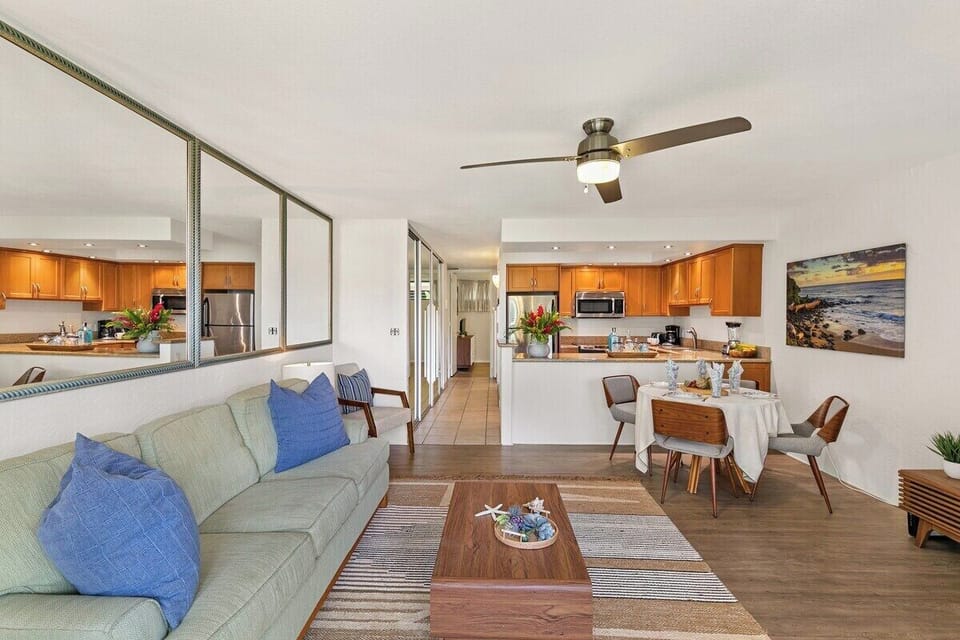 Relax in a bright living room with island warmth.