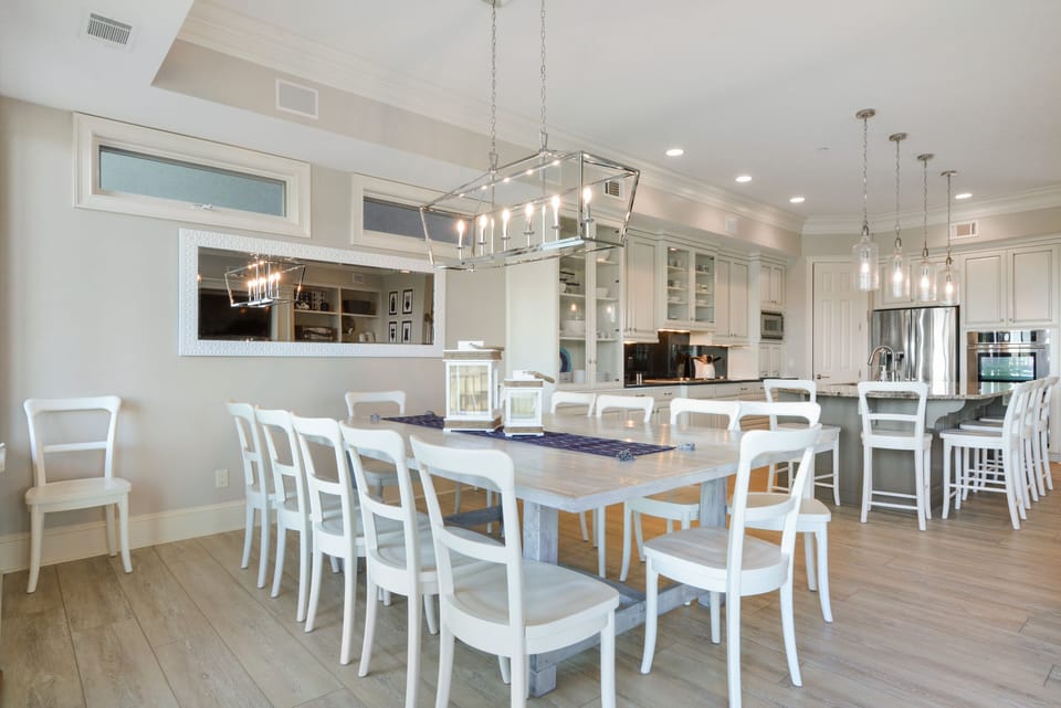 Dining table with seating for 14.  Additional seating for 5 at the counter.